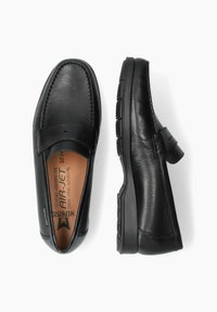 Schwarze Leder-Slipper mit glatter Struktur, flacher Sohle und einem dekorativen Riemen über dem Spann. Mit gepolsterter Innensohle ausgestattet.