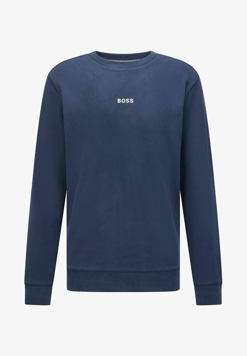 Sweat-shirt col rond bleu marine, fabriqué en tissu doux, avec un logo blanc "BOSS" centré sur la poitrine. Manches longues et poignets côtelés.
