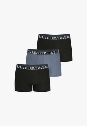 Trois paires de boxers en noir et bleu clair, avec une ceinture noire comportant un texte blanc. Matériau en coton, design ajusté.