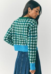 Vrouw met lang donker haar, draagt gouden oorbellen, een groen-witte houndstooth trui met blauwe manchetten, en een blauwe geplooide denim rok.