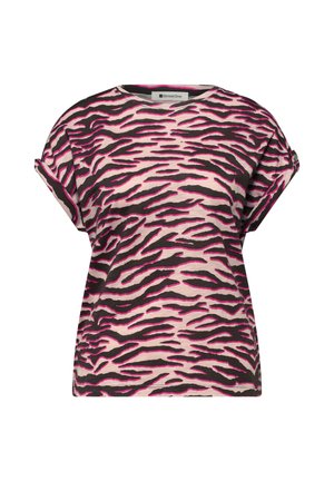 Damska bluzka z krótkim rękawem z podwiniętymi mankietami w różowy, beżowy i czarny wzór w paski tygrysa, marka Street One.
