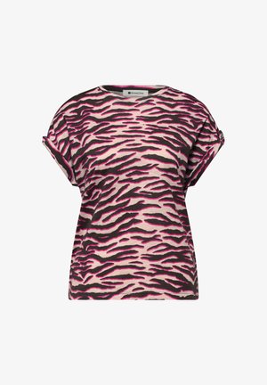 Dames top met korte mouwen en opgerolde manchetten in roze, beige en zwarte tijgerstrepen, merk Street One.