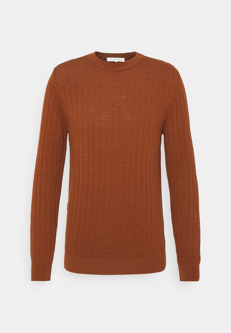 Brun stickad tröja med ribbat mönster, rund halsringning och långa ärmar. Har en åtsittande fåll och detalj på ärmsluten.