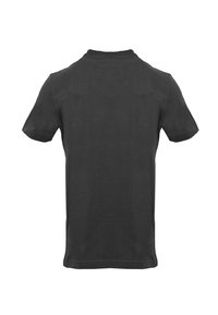 T-shirt nera a maniche corte in cotone, con colletto tondo, texture liscia e design semplice senza motivi o dettagli visibili.