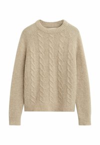 Beige gebreide trui met kabelpatroon, lange mouwen, geribde ronde halslijn en geribde boord en manchetten.
