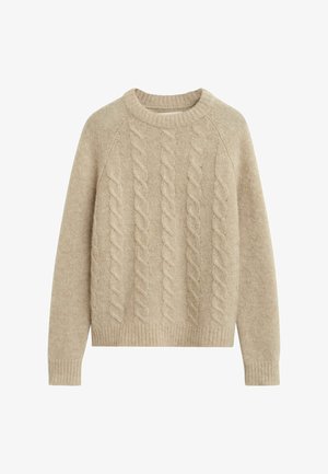 Beige gestrickter Pullover mit Kabelstrickmuster, langen Ärmeln, geripptem Rundhalsausschnitt sowie geripptem Saum und Bündchen.