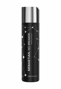 Black bottle of Sebastian No Breaker bonding shampoo, featuring a sleek design, silver cap, and white geometric pattern. 250ml capacity.