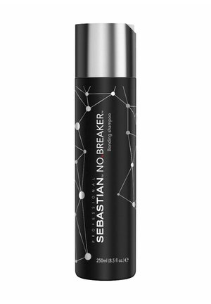 Zwarte fles van Sebastian No Breaker bonding shampoo, met een strak ontwerp, zilveren dop en wit geometrisch patroon. 250 ml inhoud.