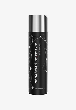 Black bottle of Sebastian No Breaker bonding shampoo, featuring a sleek design, silver cap, and white geometric pattern. 250ml capacity.