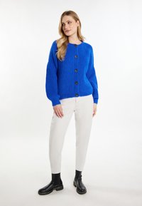 Cardigan lavorato a maglia blu brillante con scollo rotondo e cinque bottoni scuri. Presenta maniche larghe e una finitura testurizzata. Abbinato a pantaloni bianchi e stivali neri.
