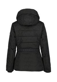 Veste d'hiver noire matelassée avec capuche attachée et détail de ceinture cousue, vue de dos sur fond blanc.