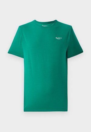 Grøn bomulds t-shirt med korte ærmer, rund halsudskæring og et lille hvidt logo på venstre brystområde. Glat tekstur, afslappet design.