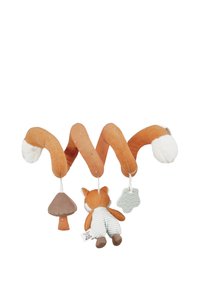 Spiral soft toy with orange fox, mushroom plush, and textured teething toy hanging from it for baby stimulation.