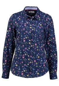 Navy long-sleeve button-up shirt with a floral pattern, featuring pink, yellow, and blue flowers, and a light-colored collar lining.