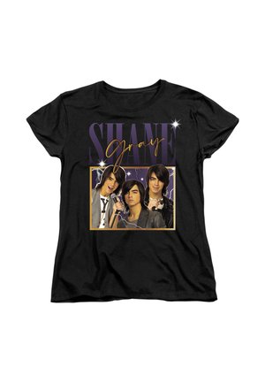 Black t-shirt featuring three young men with microphones, "SHANE Gray" text in purple and gold, and a lightning bolt background.