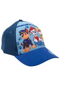 Cappellino da baseball blu con personaggi di cani animati sulla parte frontale. La visiera è blu con un tessuto testurizzato sui lati e sul retro.