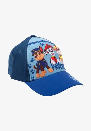 Cappellino da baseball blu con personaggi di cani animati sulla parte frontale. La visiera è blu con un tessuto testurizzato sui lati e sul retro.