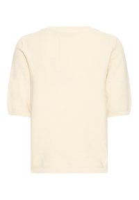 Kreemivärvi puuvillane sviiter lühikeste varrukatega, ümmarguse kaeluse ja tekstuurse soonikmustriga. Sile viimistlus ja mugav lõige.