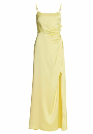Gelbes ärmelloses Maxikleid aus Satin mit dünnen Trägern, seitlicher Raffung und einem hohen Schlitz am rechten Oberschenkel.