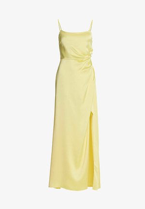 Gelbes ärmelloses Maxikleid aus Satin mit dünnen Trägern, seitlicher Raffung und einem hohen Schlitz am rechten Oberschenkel.