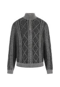 Maglione grigio lavorato a maglia con colletto alto, caratterizzato da un motivo a diamante e polsini e orlo a coste. Tessuto testurizzato con dettagli a treccia intricati.
