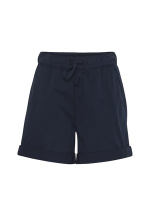 Pantaloncini blu navy realizzati in tessuto morbido, dotati di una cintura elastica con coulisse e risvolti, che offrono una vestibilità casual e rilassata.