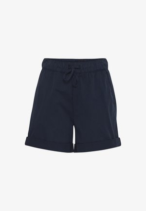 Shorts bleu marine en tissu doux, avec une taille élastique dotée d'un cordon de serrage et des ourlets retournés, offrant une coupe décontractée et confortable.