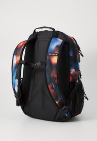 Black backpack with colorful gradient straps featuring blue, orange, and red accents. Includes mesh side pockets and adjustable straps.
