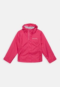 Rosa Columbia Regenjacke mit Kapuze, ausgestattet mit einem frontalen Reißverschluss, elastischen Bündchen und einem leichten, wasserabweisenden Stoff.