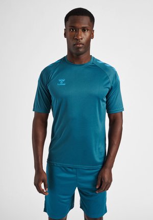 Teal athletic shirt with short sleeves and matching shorts. Made of smooth, breathable material with logo on the chest and shoulder accents.