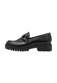 Black leather loafers with a low, chunky sole, featuring a decorative buckle and stitched detail along the toe. Side profile view.