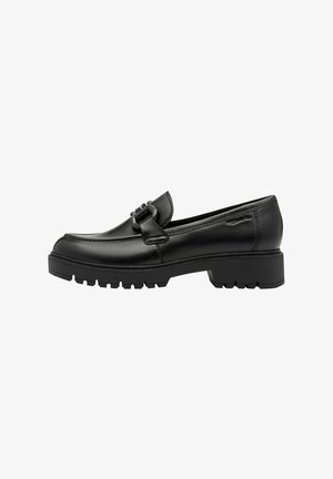 Black leather loafers with a low, chunky sole, featuring a decorative buckle and stitched detail along the toe. Side profile view.