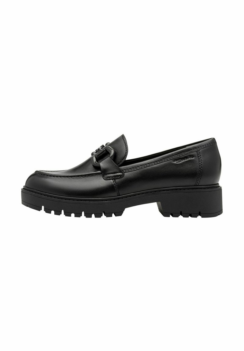 Black leather loafers with a low, chunky sole, featuring a decorative buckle and stitched detail along the toe. Side profile view.
