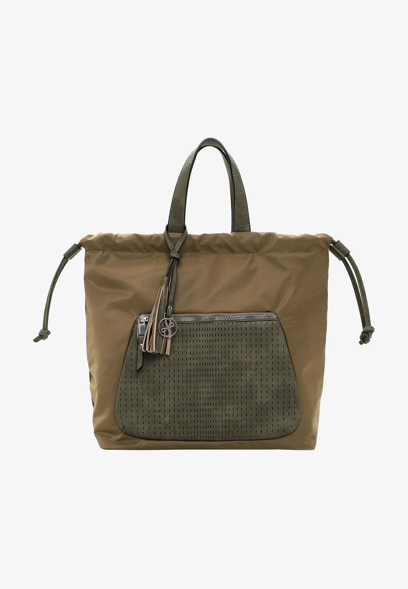 Sac fourre-tout marron avec poche avant zippée vert foncé, deux poignées supérieures, fermetures latérales à cordon et breloque décorative pompon.