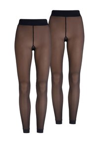 Doorzichtige zwarte leggings met een hoge tailleband, voorzien van een naad aan de achterkant en zwarte enkelmouwen. Gladde textuur en transparant ontwerp.