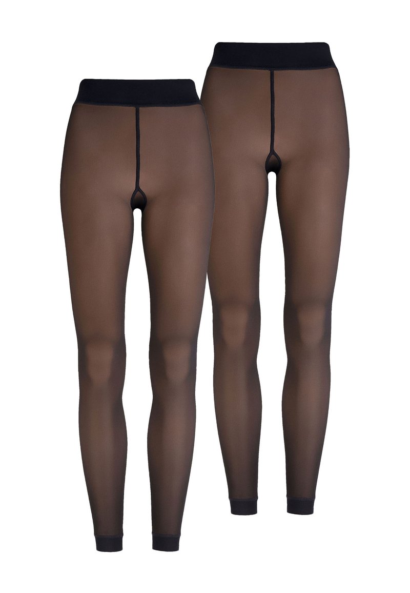 Doorzichtige zwarte leggings met een hoge tailleband, voorzien van een naad aan de achterkant en zwarte enkelmouwen. Gladde textuur en transparant ontwerp.