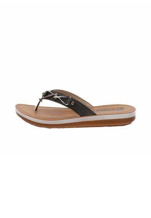 Sandale en tongs marron avec un patin texturé, présentant des accents gris foncé et des éléments décoratifs en argent. Semelle rembourrée pour un confort optimal.