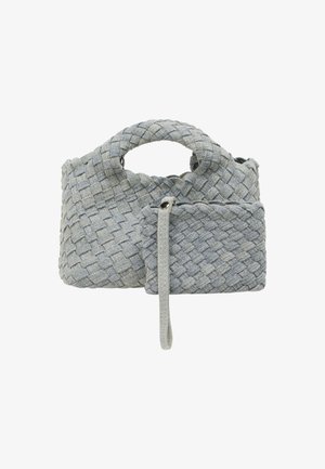 Tkaná šedá textilní taška s kulatou rukojetí, která má vpředu zipovou kapsu a strukturovaný vzor pro zvýraznění detailů.