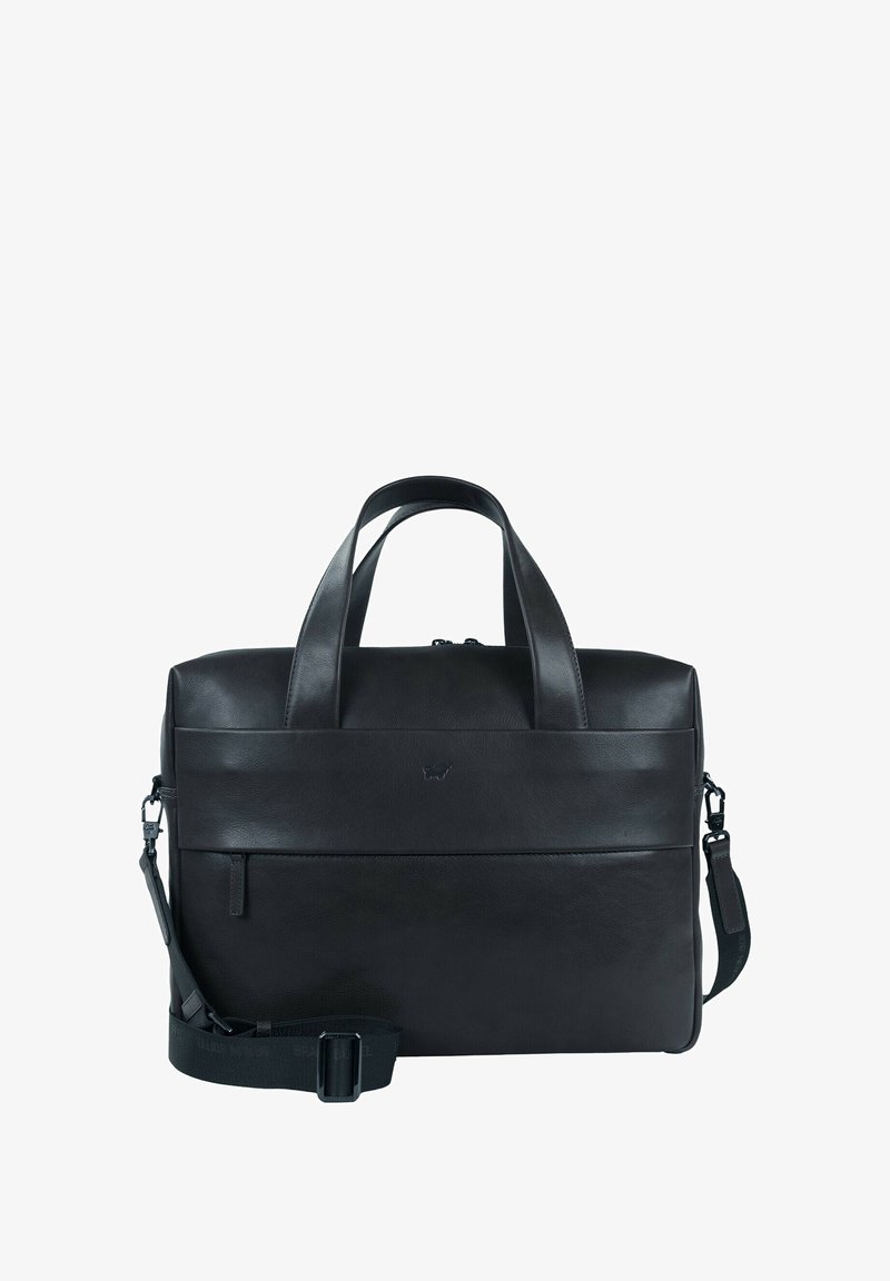 Schwarze Leder-Laptoptasche mit doppelten Griffen und abnehmbarem Schultergurt. Verfügt über eine vordere Reißverschlusstasche und eine glatte Textur. Minimalistisches Design.