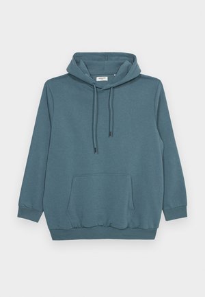 Felpa teal con cappuccio regolabile, maniche lunghe, una tasca a marsupio frontale e polsini e orlo ribattuti, realizzata in un tessuto morbido.