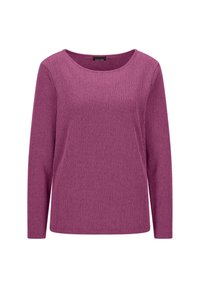 Fuchsia Langarmshirt mit einem strukturierten, gerippten Muster und einem runden Ausschnitt. Weicher Stoff und entspannter Schnitt, geeignet für legere Freizeitkleidung.