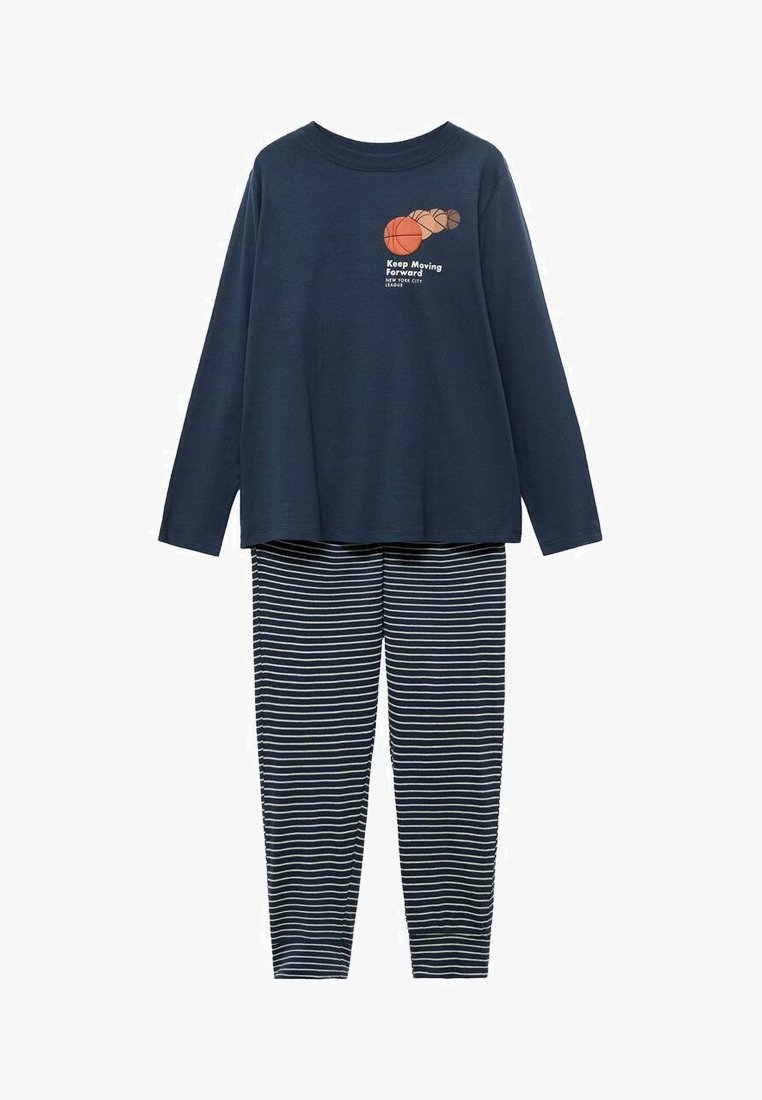 Navy long-sleeve shirt with basketball graphic and "Keep Moving Forward" text, paired with navy and white striped pants.