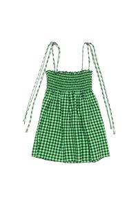 Zelena gingham obleka z nabrano bodico, nastavljivimi naramnicami in razširjeno krilo. Lahka tkanina s karirastim vzorcem.