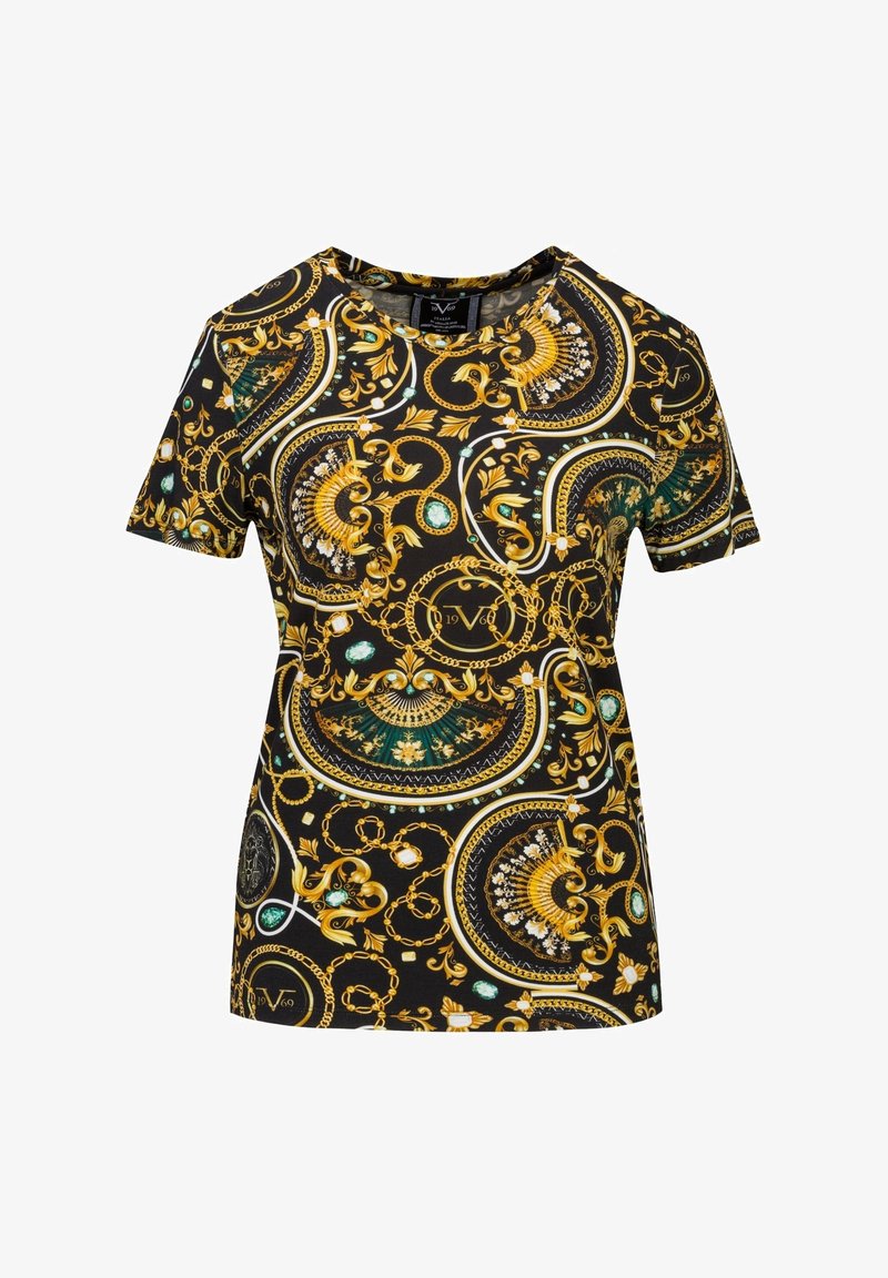 Zwart T-shirt met korte mouwen, voorzien van een goudgroen sierlijk patroon met cirkels, kettingen en bloemaccenten. Gemaakt van zacht materiaal.