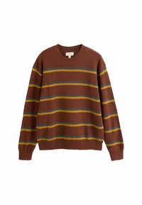 Brown sweater with gray and yellow horizontal stripes, made of soft fabric, featuring a round neck and long sleeves with ribbed cuffs.