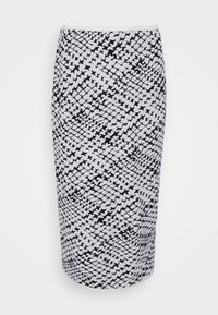 Svart och vit blyertskjol med en texturerad hundtandsmönster, solid midja och kroppsnära passform.