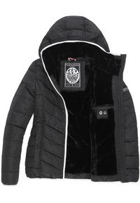 Zwarte pufferjack met capuchon, geborduurd ontwerp, witte rits en zwarte bontvoering. Beschikt over een binnenzak met toegang voor de koptelefoon.