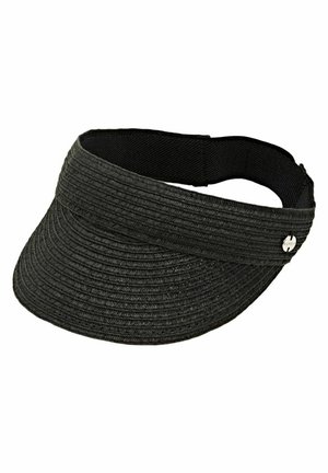 Visière de soleil noire tissée avec large bord et sangle arrière élastique réglable, avec un petit logo de marque rond en métal sur le côté.