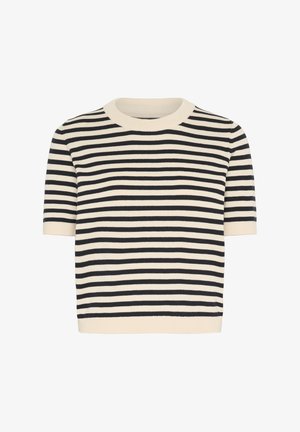 Short-sleeve knit top in cream with navy horizontal stripes. Features a crew neckline and ribbed hem and cuffs.