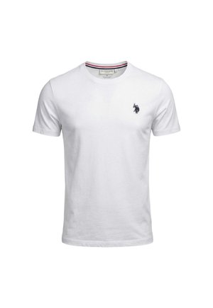 T-shirt bianca a maniche corte con scollo a girocollo, piccolo logo nero del giocatore di polo sul petto a sinistra e dettaglio a righe all'interno del colletto.